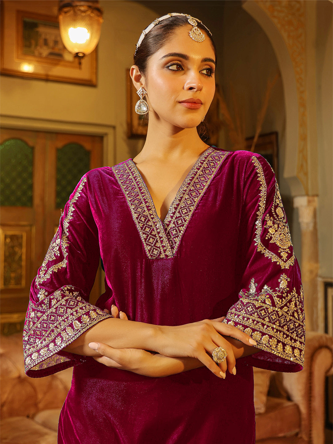 Janasya Pink Velvet Embroidered Kurta & Bottom | Swadesiicart