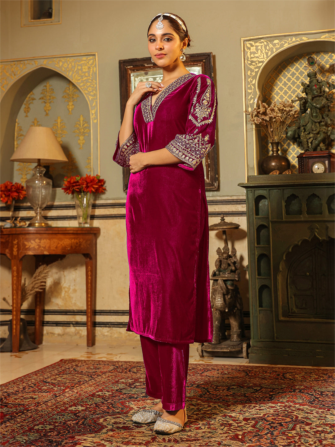 Janasya Pink Velvet Embroidered Kurta & Bottom | Swadesiicart