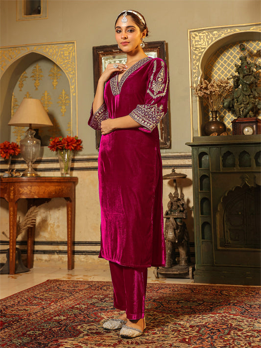 Janasya Pink Velvet Embroidered Kurta & Bottom | Swadesiicart