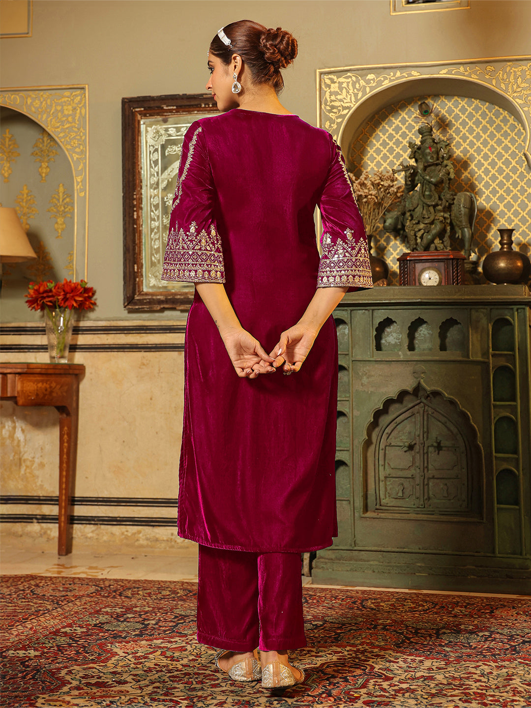 Janasya Pink Velvet Embroidered Kurta & Bottom | Swadesiicart