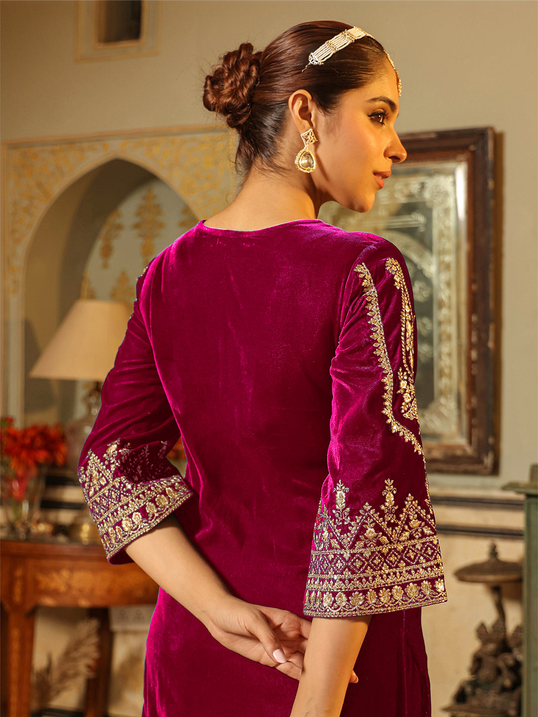 Janasya Pink Velvet Embroidered Kurta & Bottom | Swadesiicart