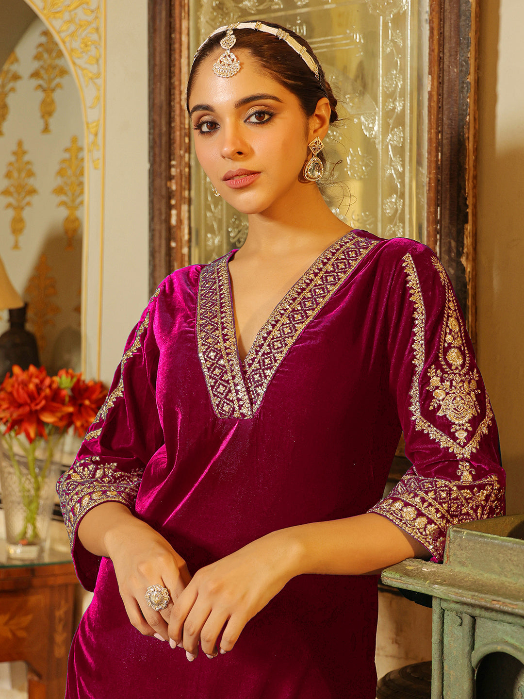 Janasya Pink Velvet Embroidered Kurta & Bottom | Swadesiicart