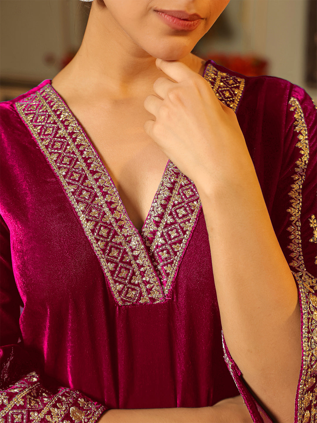 Janasya Pink Velvet Embroidered Kurta & Bottom | Swadesiicart