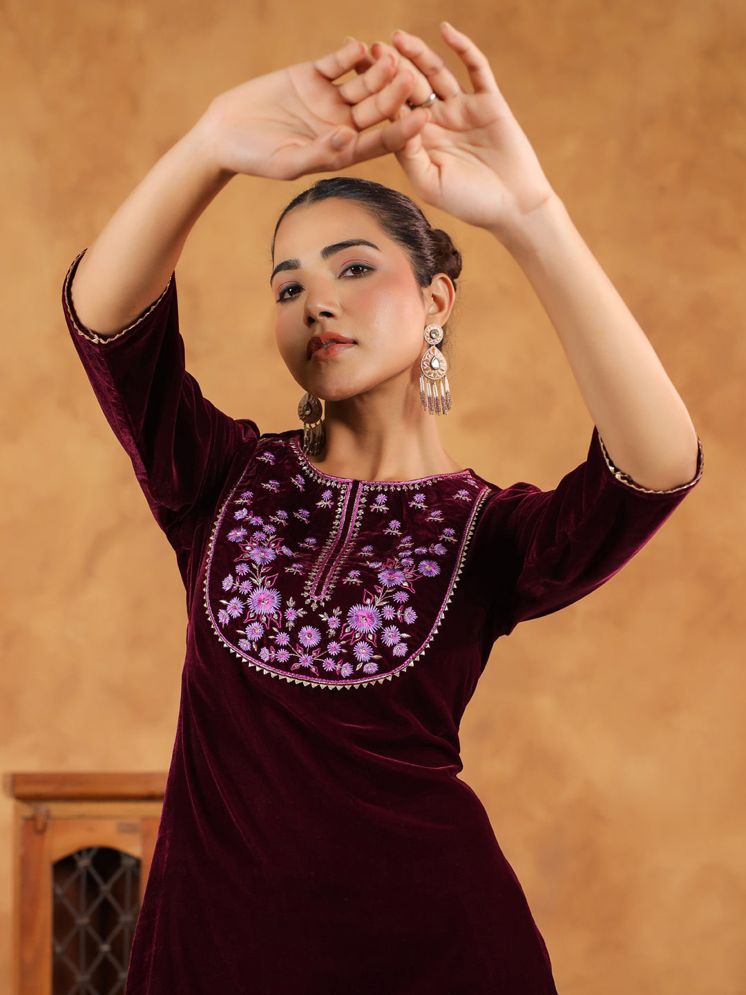 Janasya Wine Velvet Embroidered Kurta & Bottom | Swadesiicart