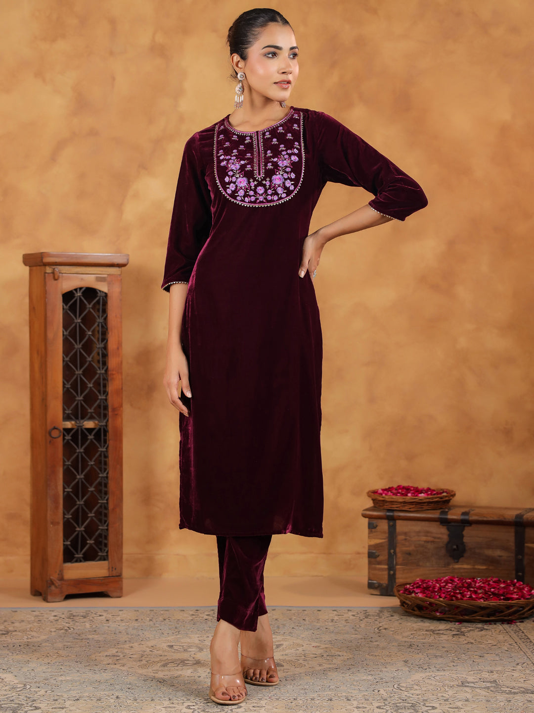 Janasya Wine Velvet Embroidered Kurta & Bottom | Swadesiicart