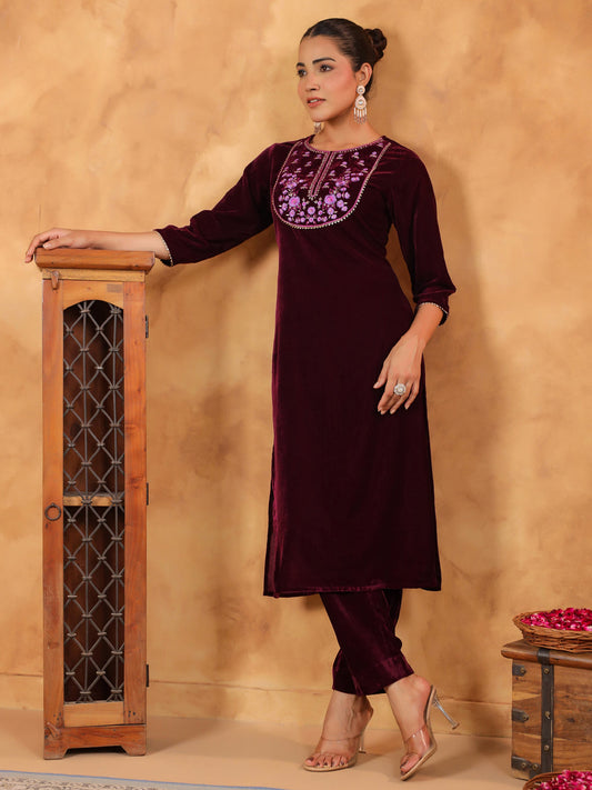 Janasya Wine Velvet Embroidered Kurta & Bottom | Swadesiicart