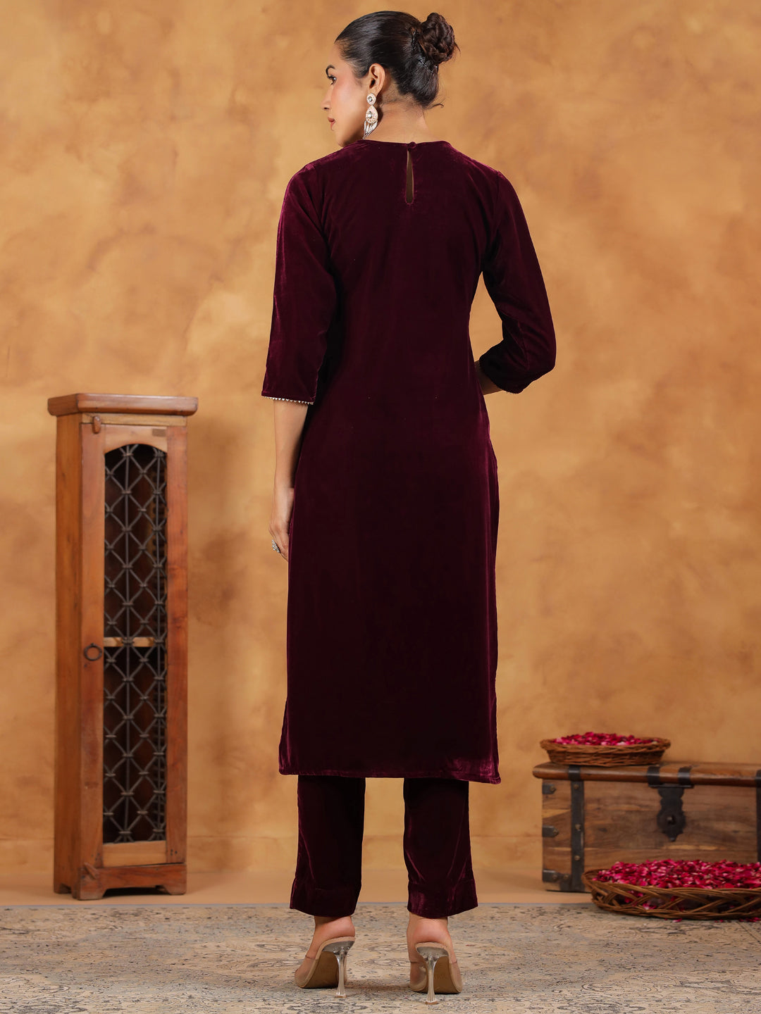 Janasya Wine Velvet Embroidered Kurta & Bottom | Swadesiicart