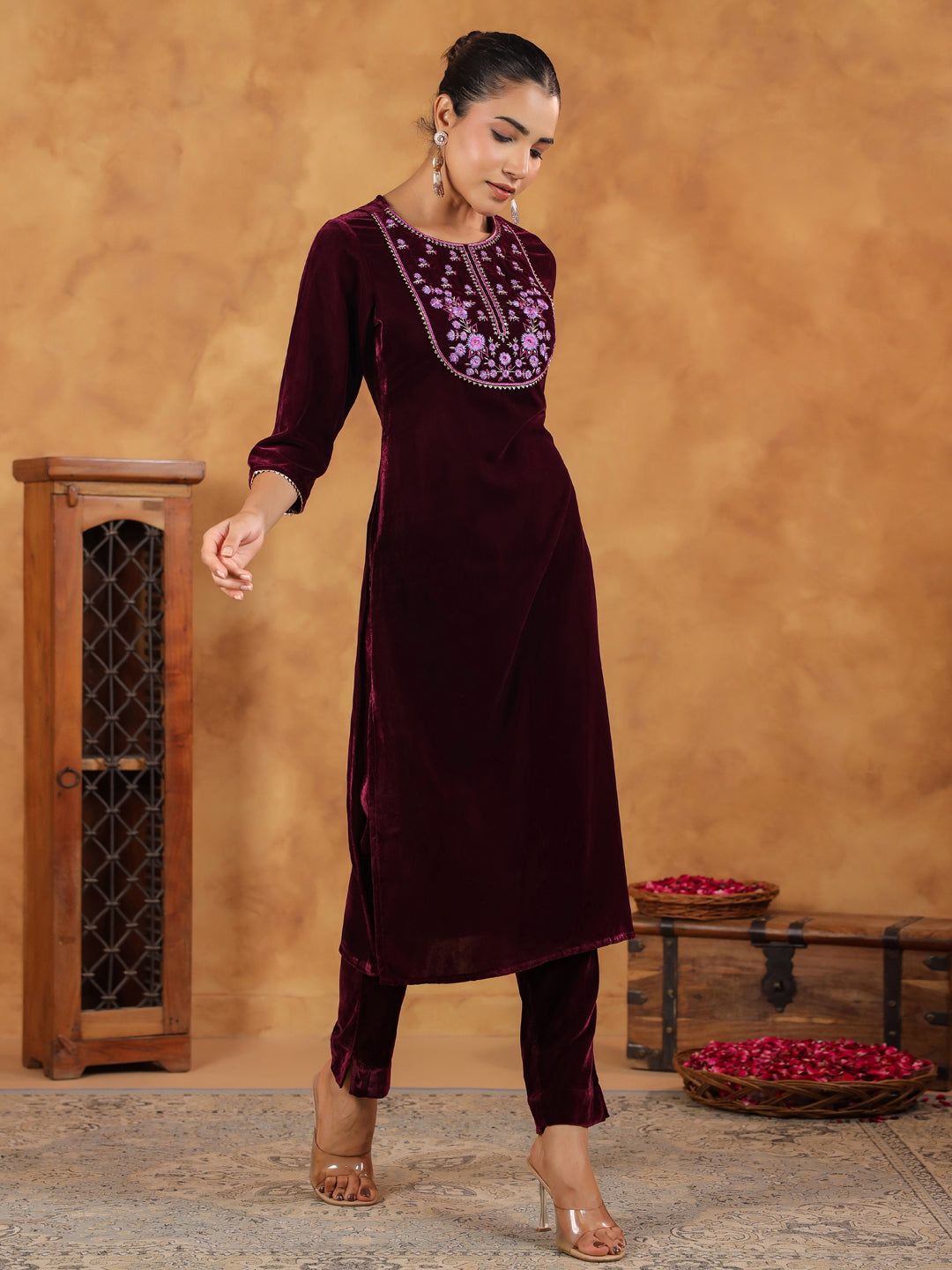Janasya Wine Velvet Embroidered Kurta & Bottom | Swadesiicart