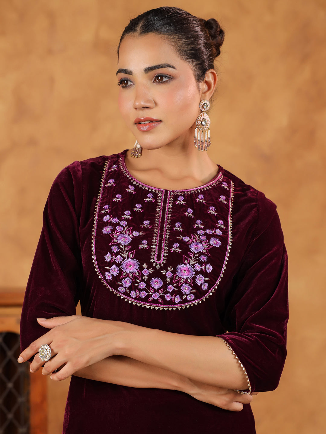 Janasya Wine Velvet Embroidered Kurta & Bottom | Swadesiicart