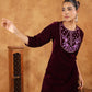 Janasya Wine Velvet Embroidered Kurta & Bottom | Swadesiicart