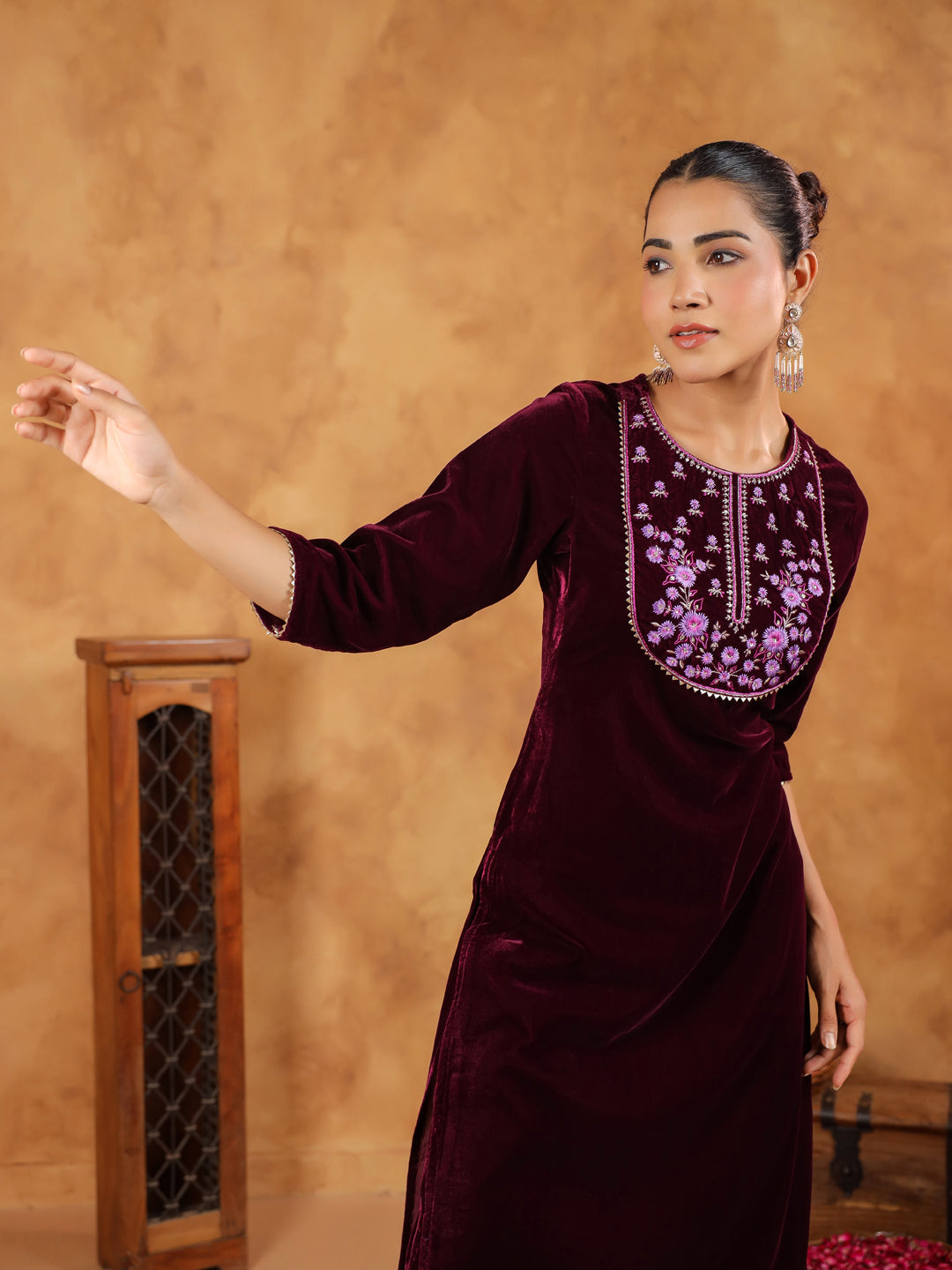 Janasya Wine Velvet Embroidered Kurta & Bottom | Swadesiicart