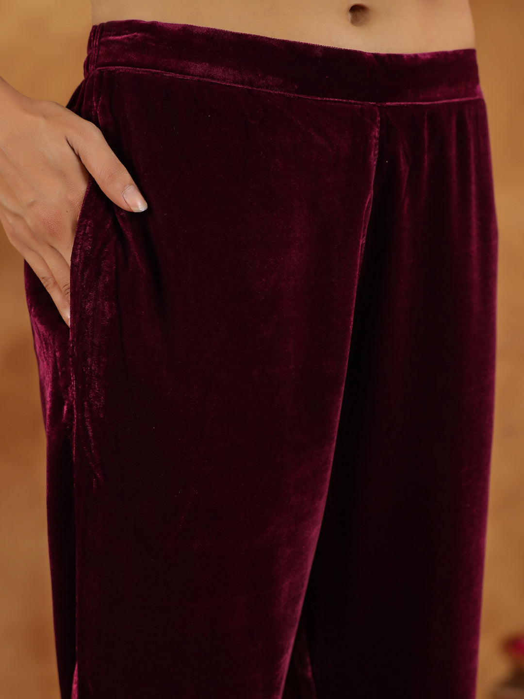 Janasya Wine Velvet Embroidered Kurta & Bottom | Swadesiicart
