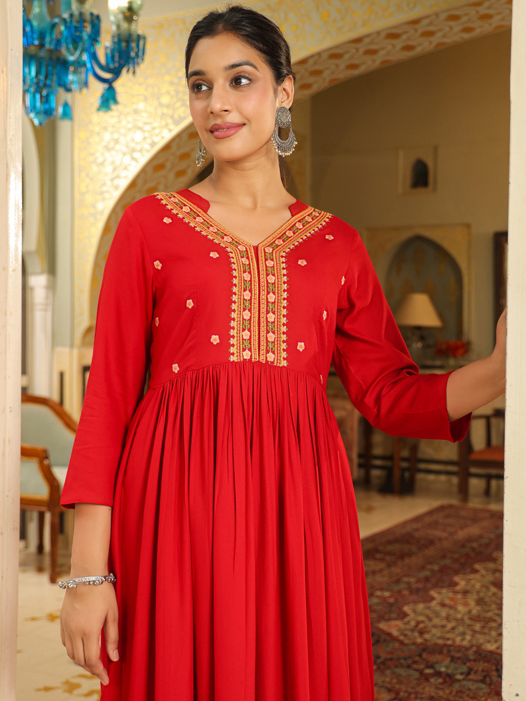 Janasya Maroon Rayon Embroidered Kurta & Bottom | Swadesiicart