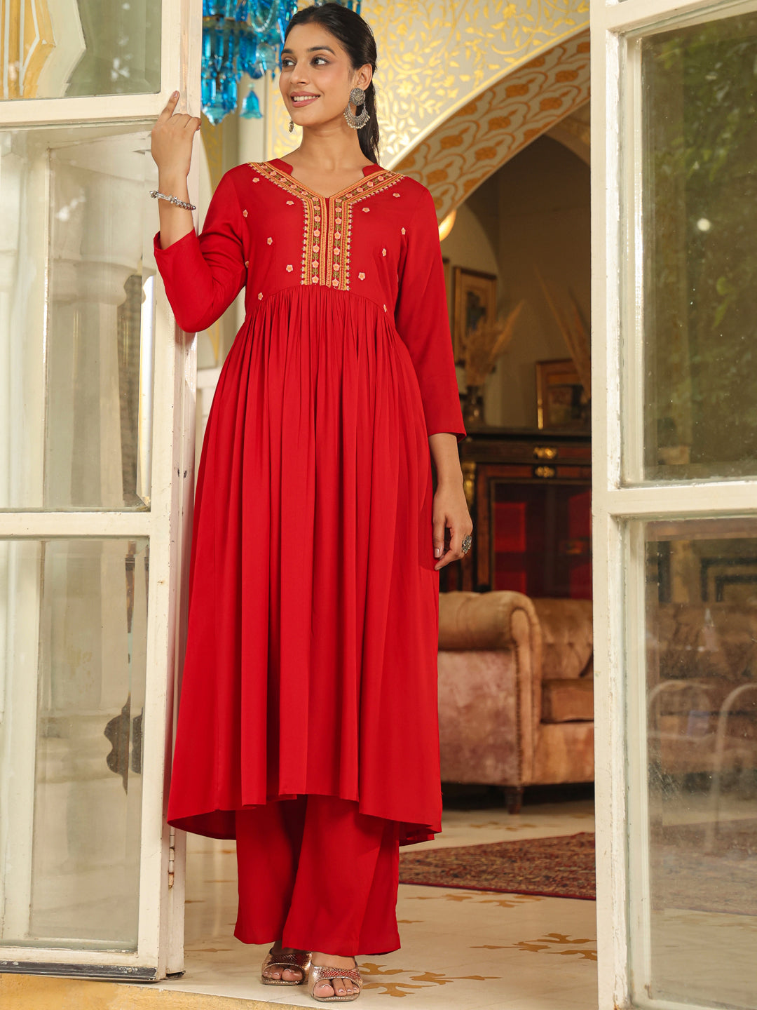 Janasya Maroon Rayon Embroidered Kurta & Bottom | Swadesiicart