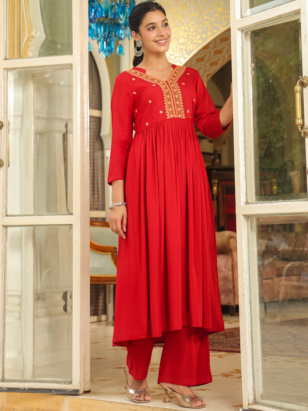 Janasya Maroon Rayon Embroidered Kurta & Bottom | Swadesiicart