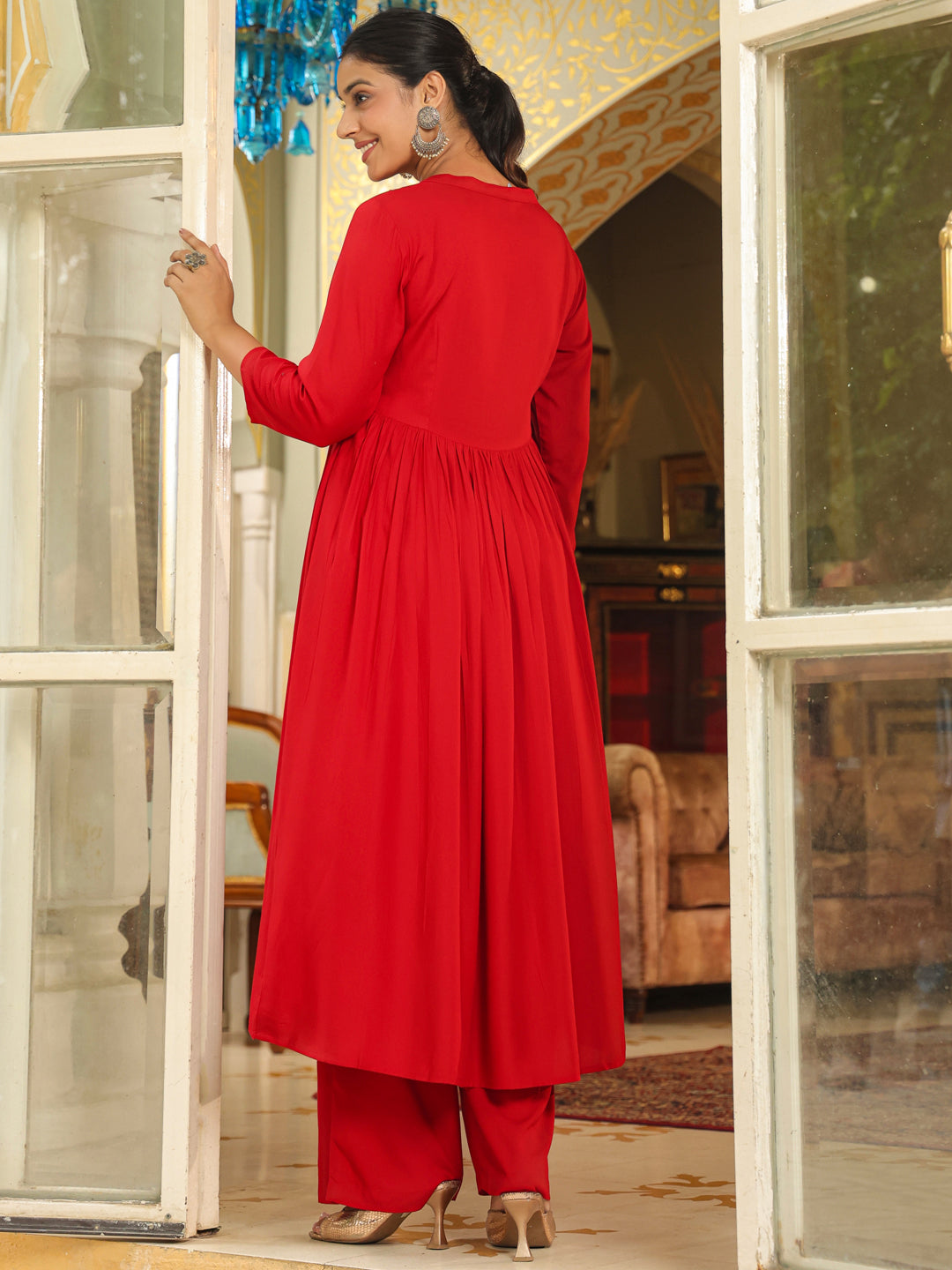 Janasya Maroon Rayon Embroidered Kurta & Bottom | Swadesiicart