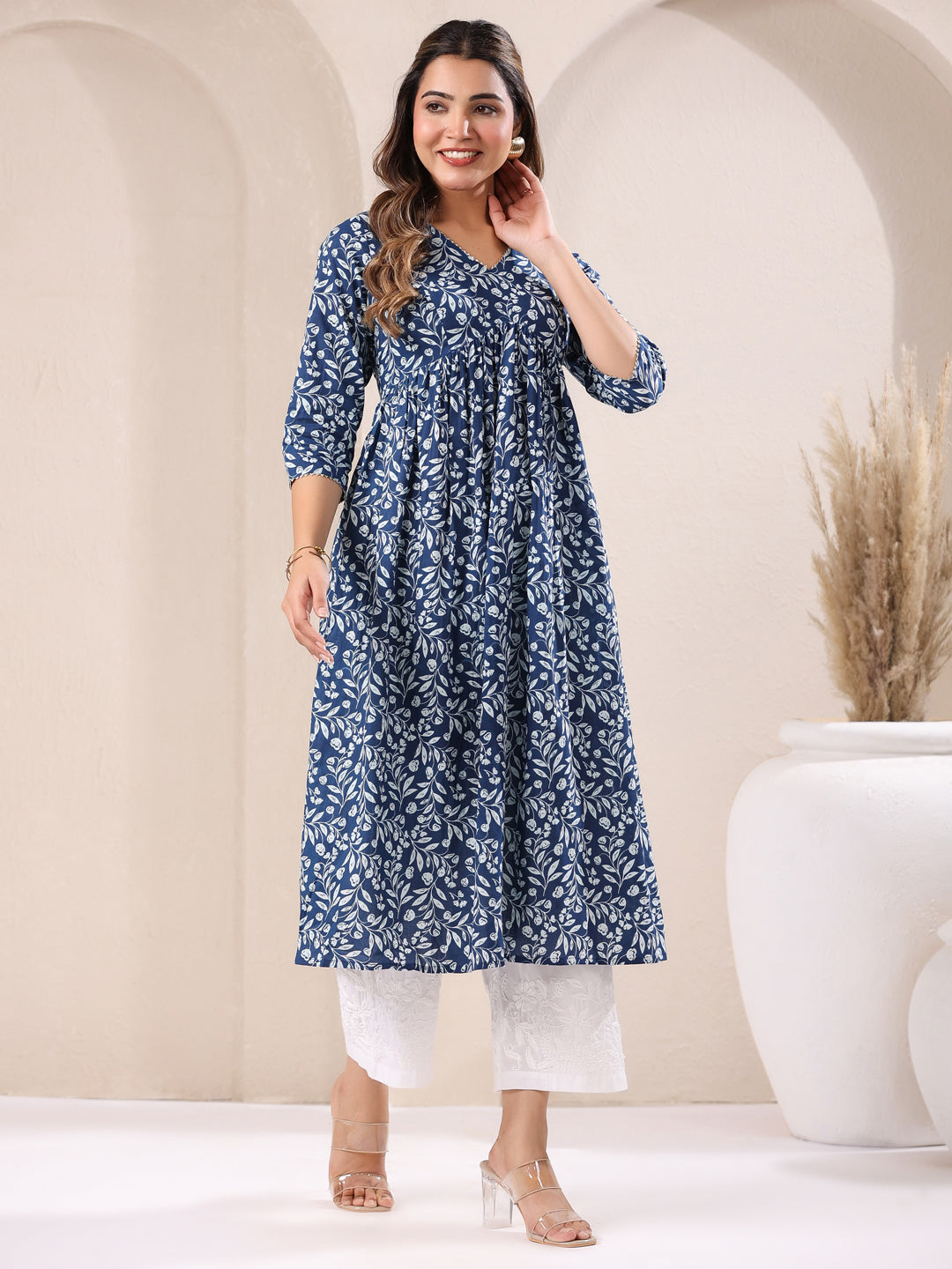 Janasya Dark Cotton Floral A-Line Kurta - Swadesiicart