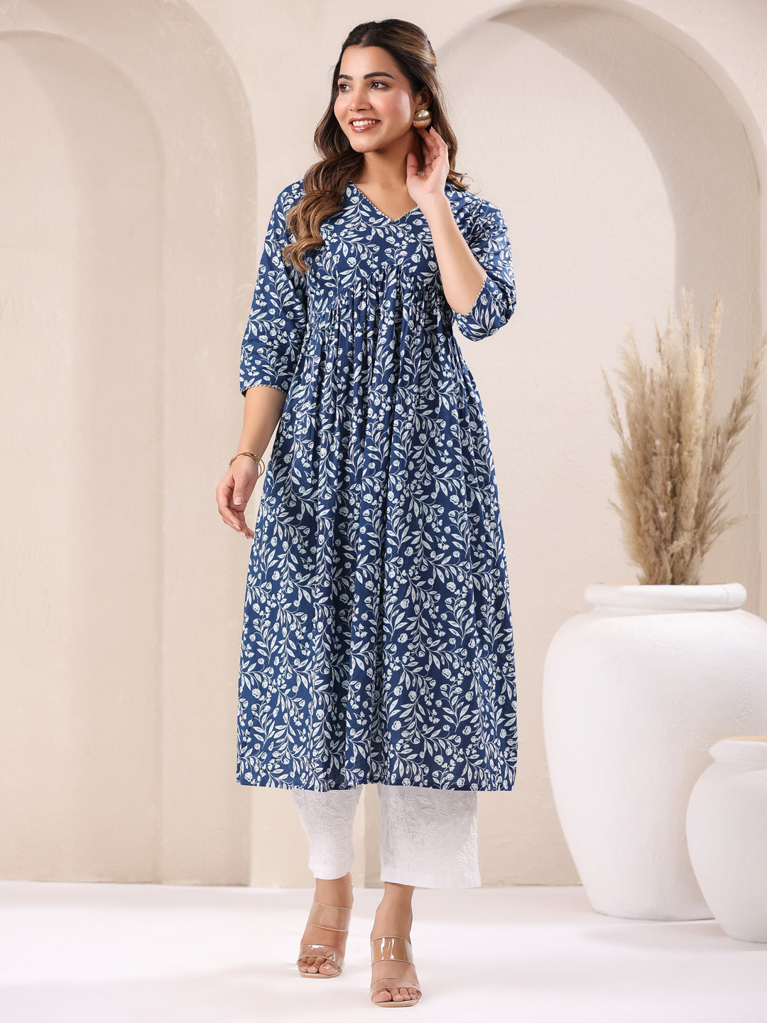 Janasya Dark Cotton Floral A-Line Kurta - Swadesiicart