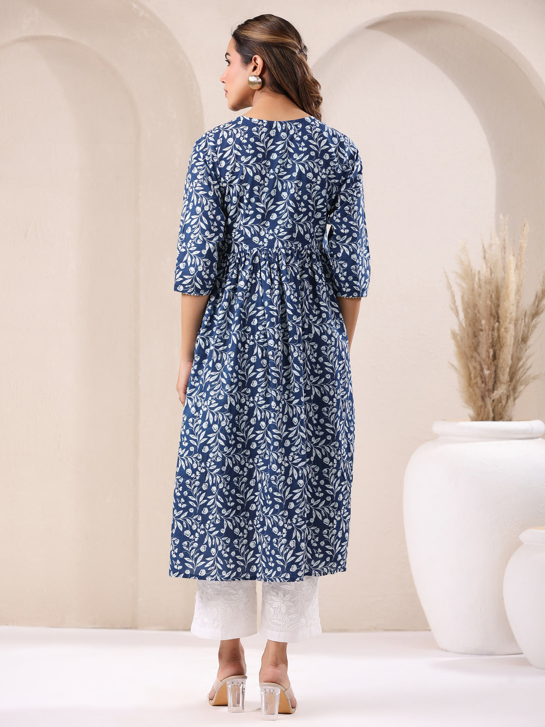Janasya Dark Cotton Floral A-Line Kurta - Swadesiicart