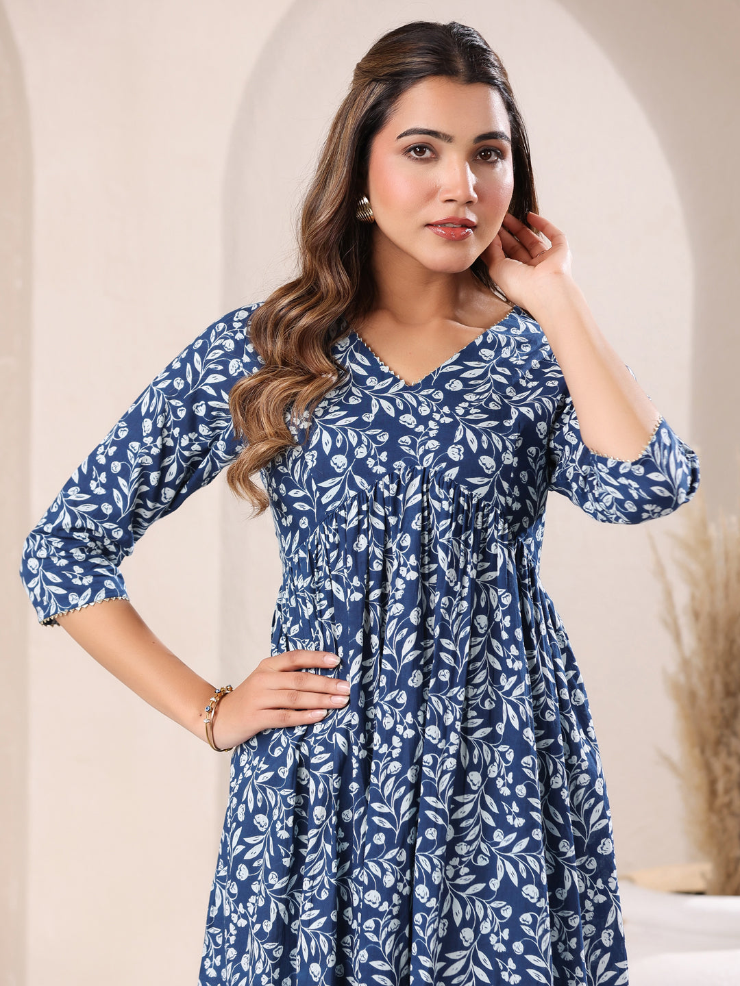 Janasya Dark Cotton Floral A-Line Kurta - Swadesiicart