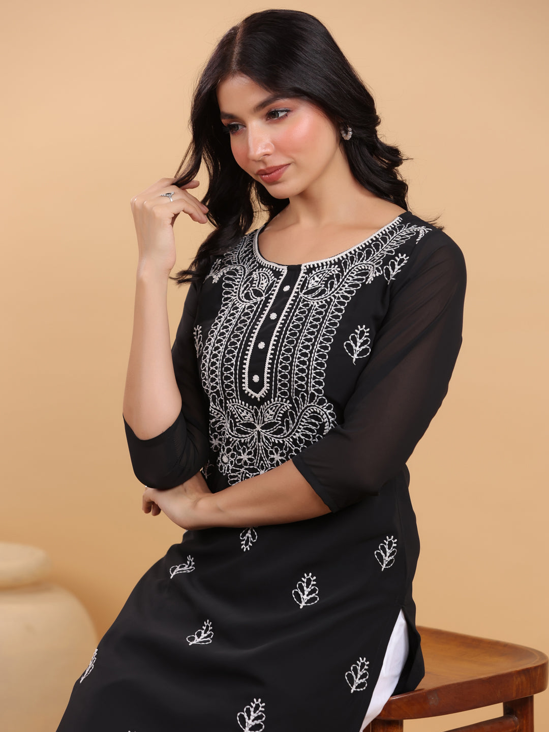 Janasya Black Weightless Georgette Embroidered Kurta - Swadesiicart
