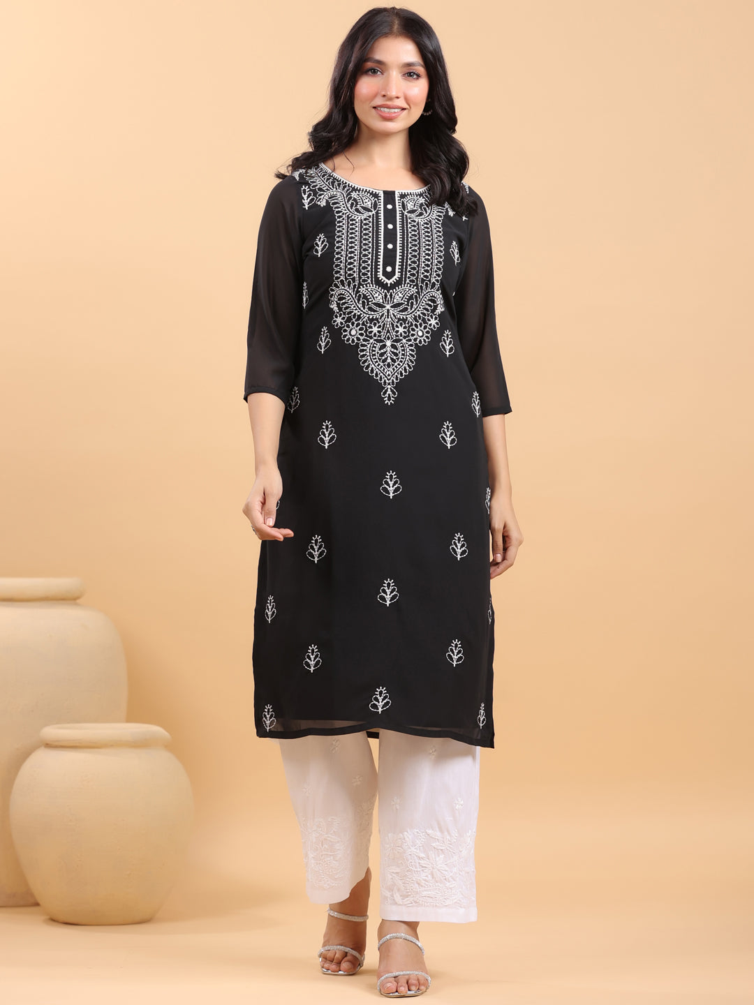 Janasya Black Weightless Georgette Embroidered Kurta - Swadesiicart