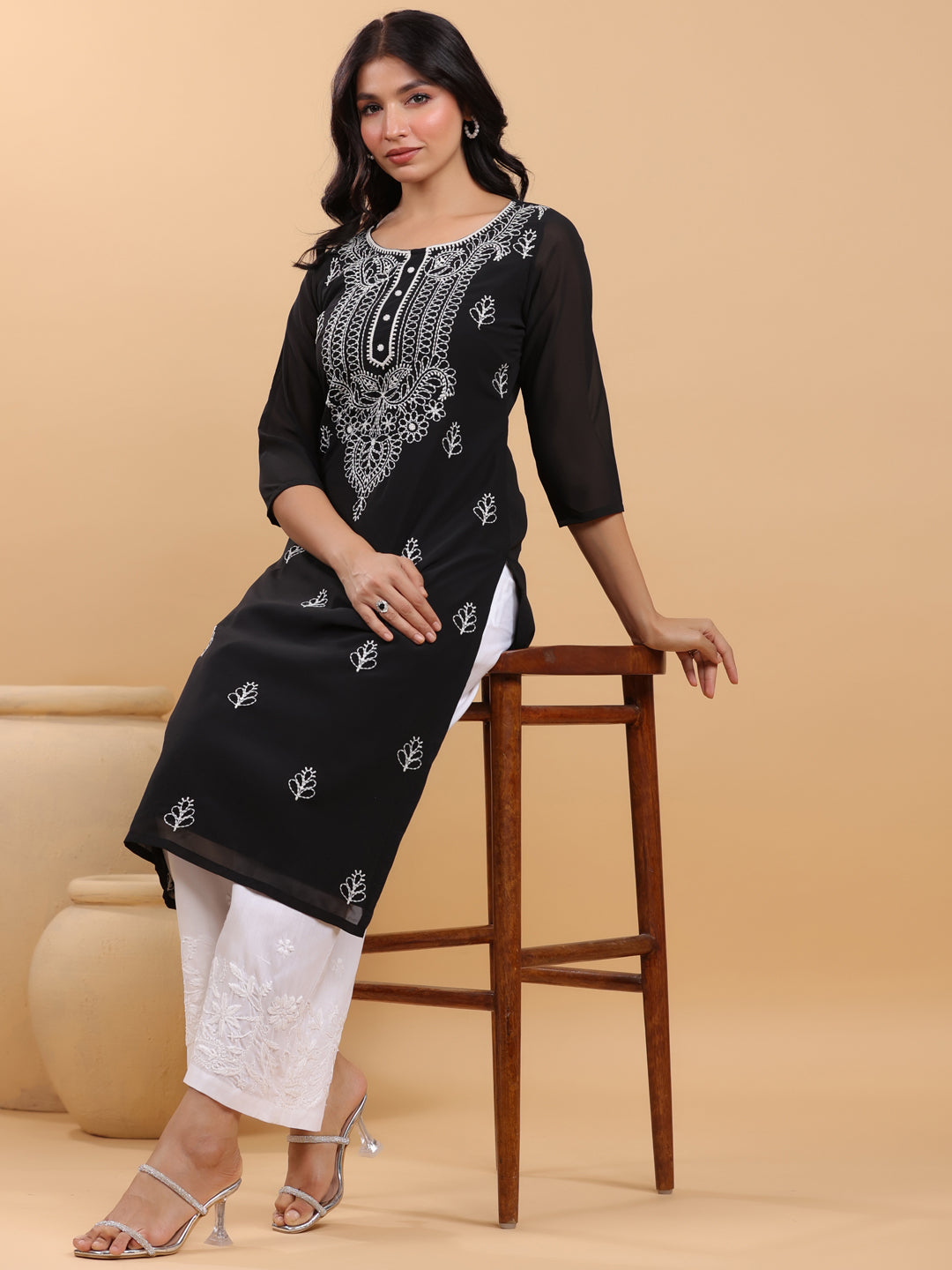 Janasya Black Weightless Georgette Embroidered Kurta - Swadesiicart