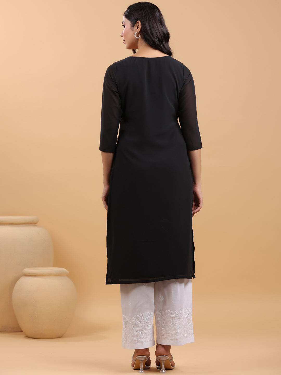 Janasya Black Weightless Georgette Embroidered Kurta - Swadesiicart