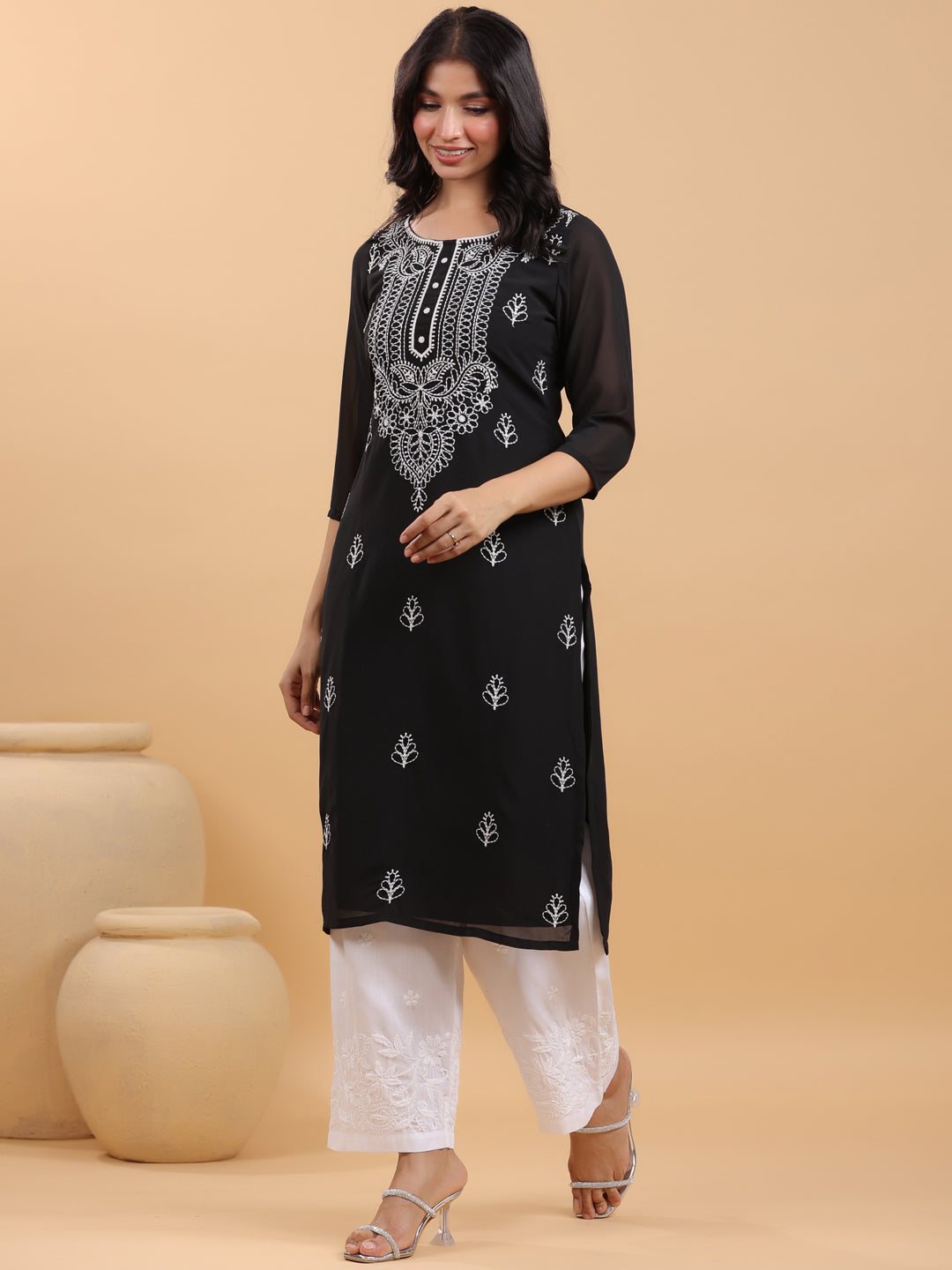 Janasya Black Weightless Georgette Embroidered Kurta - Swadesiicart