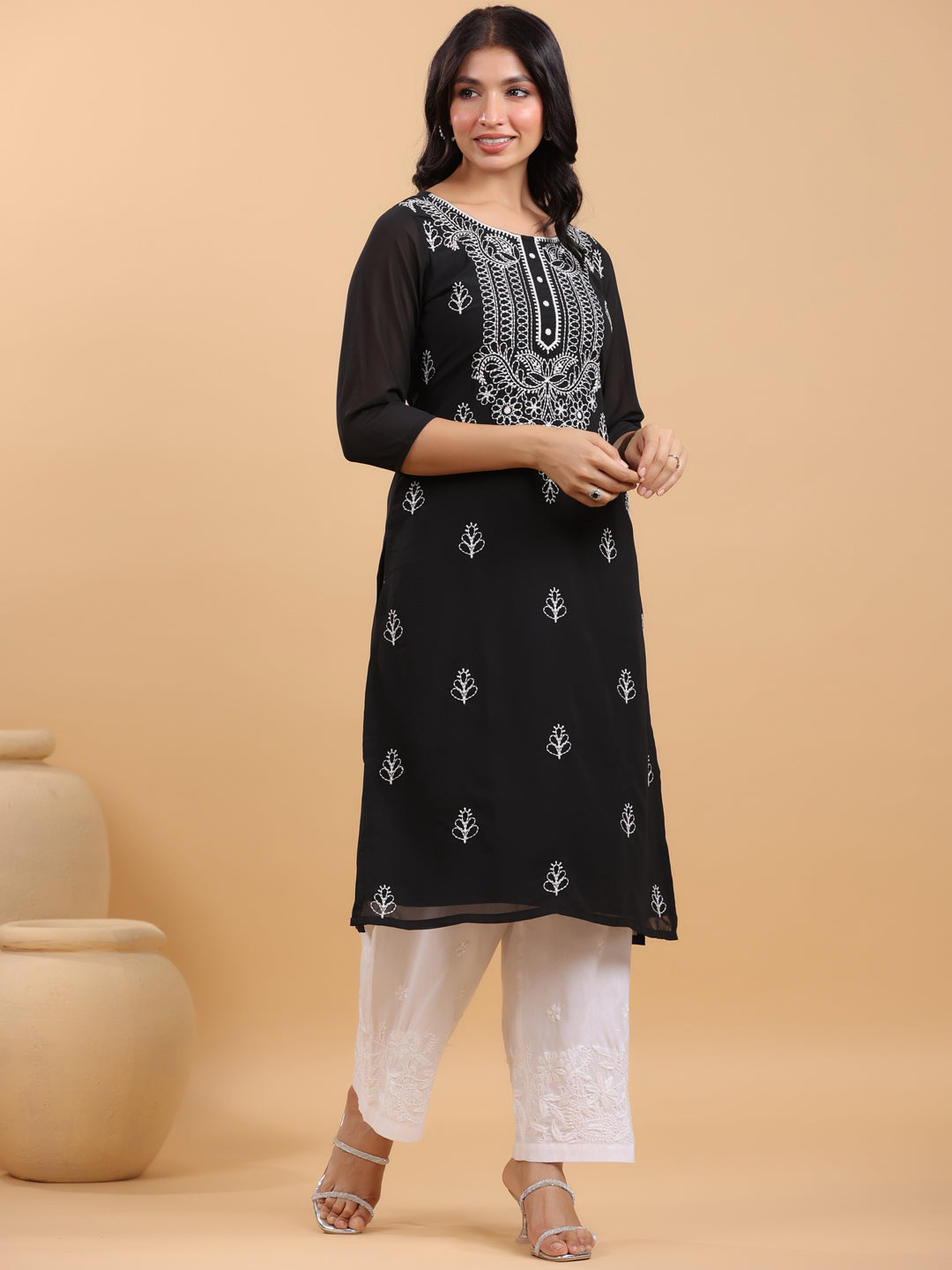 Janasya Black Weightless Georgette Embroidered Kurta - Swadesiicart