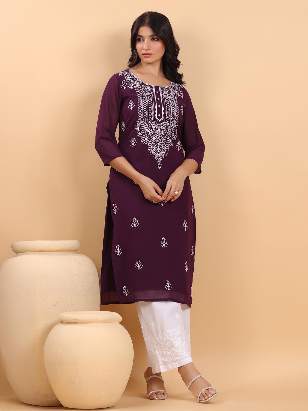 Janasya Purple Weightless Georgette Embroidered Kurta - Swadesiicart
