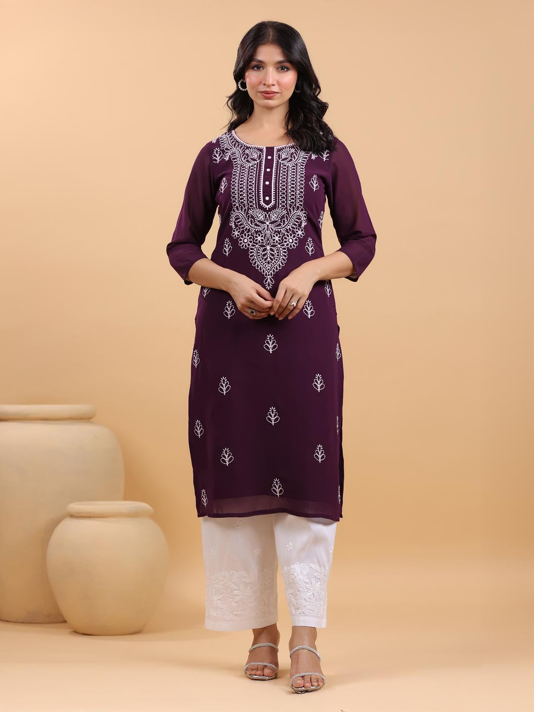 Janasya Purple Weightless Georgette Embroidered Kurta - Swadesiicart