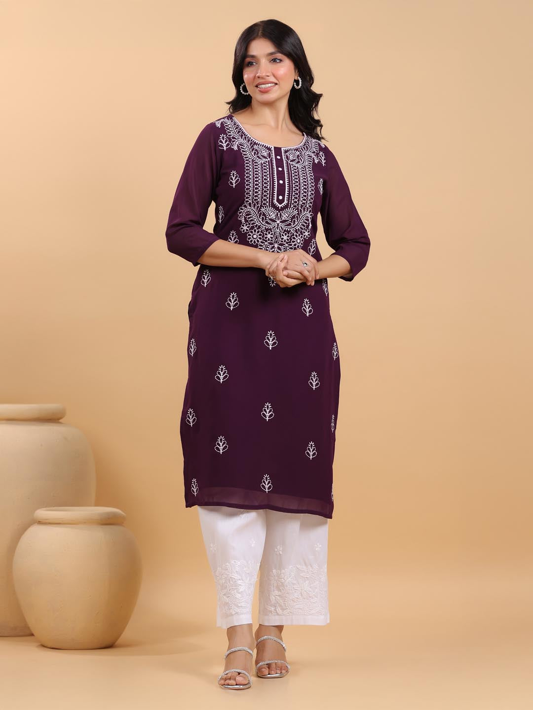 Janasya Purple Weightless Georgette Embroidered Kurta - Swadesiicart
