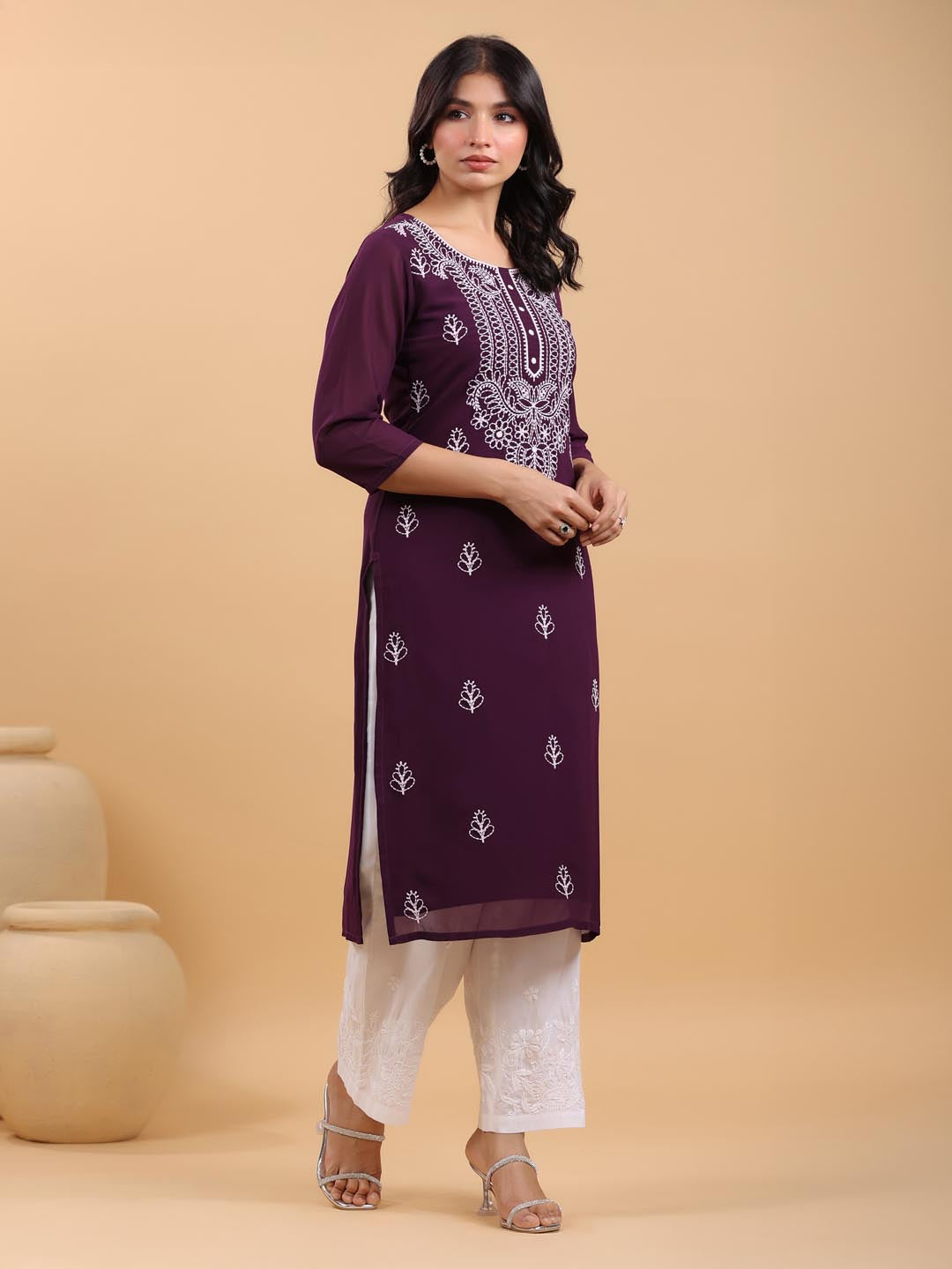Janasya Purple Weightless Georgette Embroidered Kurta - Swadesiicart