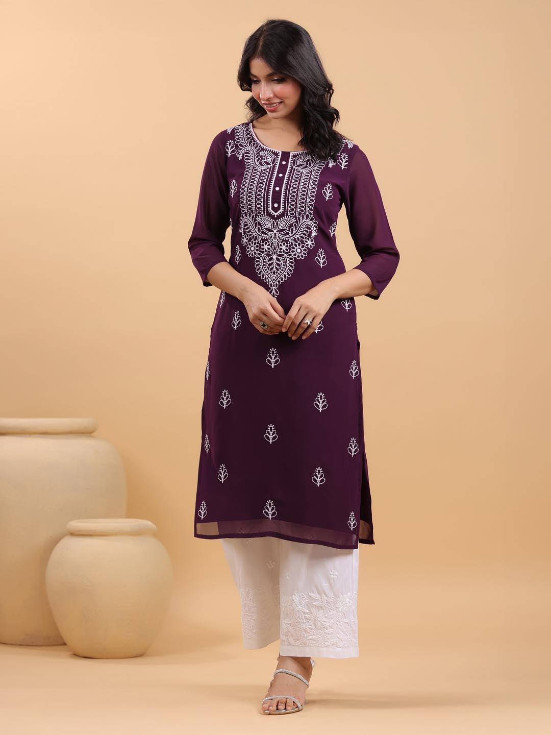 Janasya Purple Weightless Georgette Embroidered Kurta - Swadesiicart
