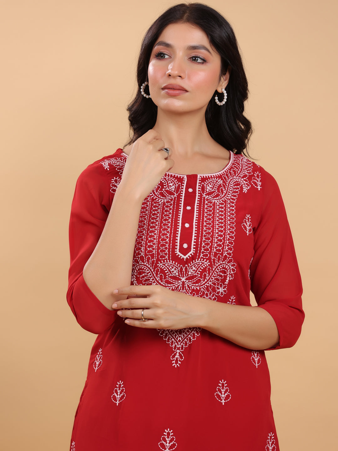 Janasya Maroon Weightless Georgette Embroidered Kurta - Swadesiicart