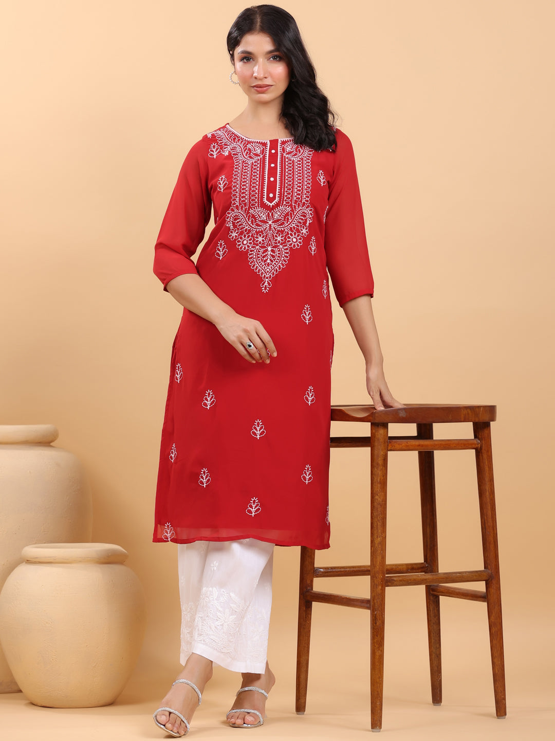 Janasya Maroon Weightless Georgette Embroidered Kurta - Swadesiicart