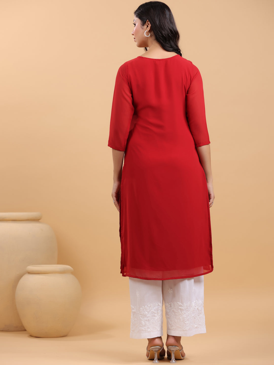 Janasya Maroon Weightless Georgette Embroidered Kurta - Swadesiicart
