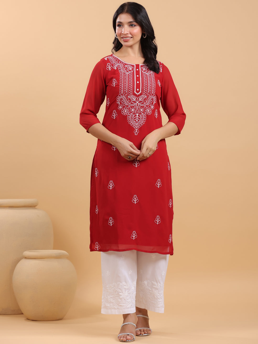 Janasya Maroon Weightless Georgette Embroidered Kurta - Swadesiicart