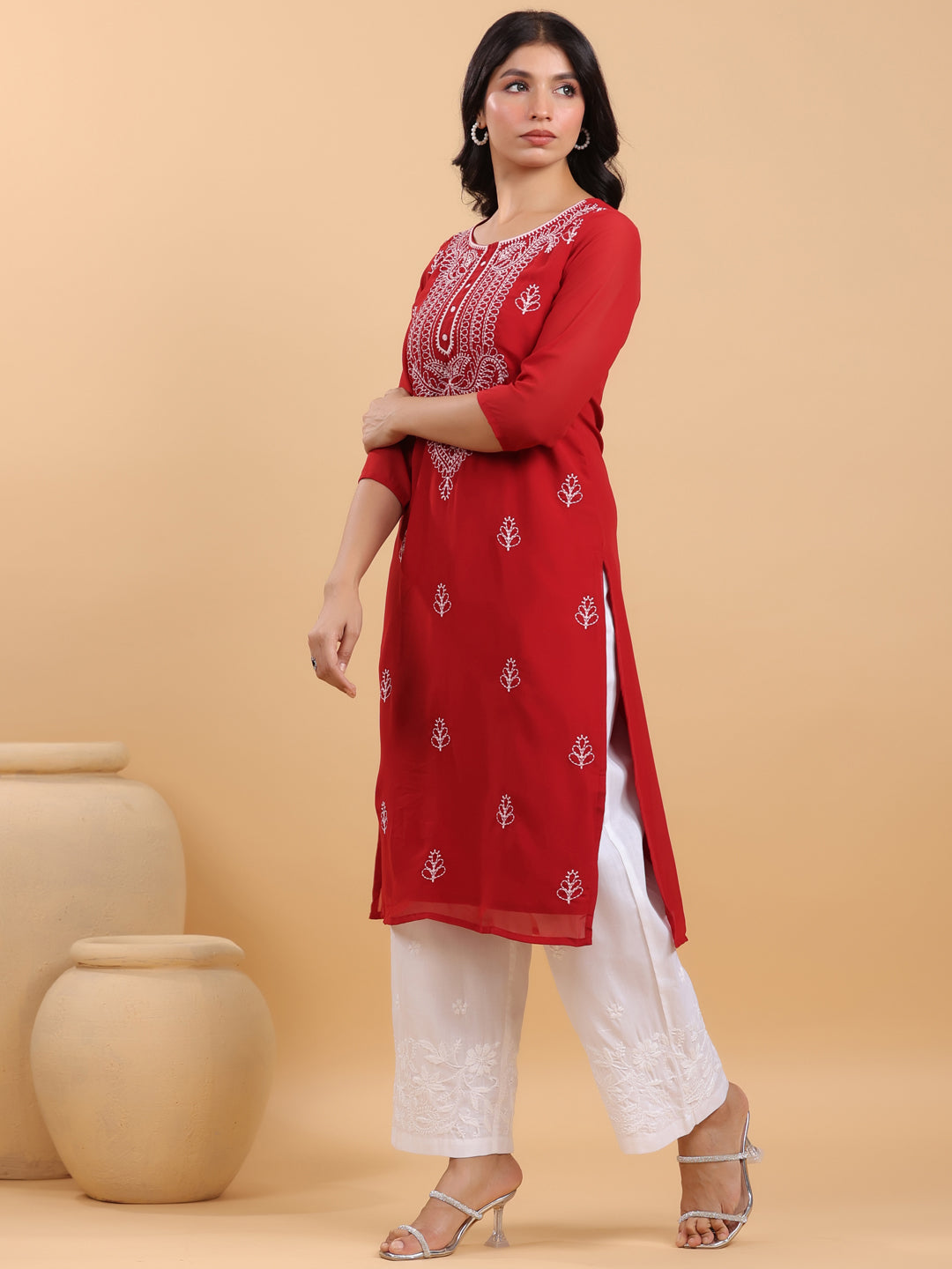 Janasya Maroon Weightless Georgette Embroidered Kurta - Swadesiicart