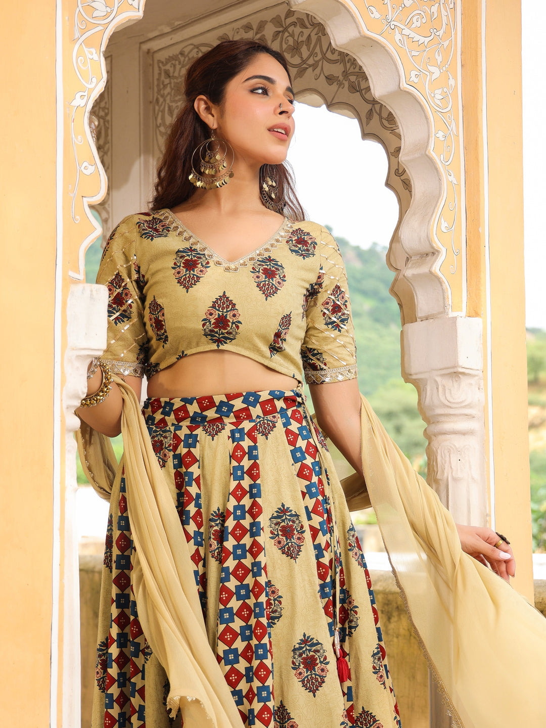 Janasya Beige Cambric Ethnic Motifs Lehenga Choli Dupatta | Swadesiicart