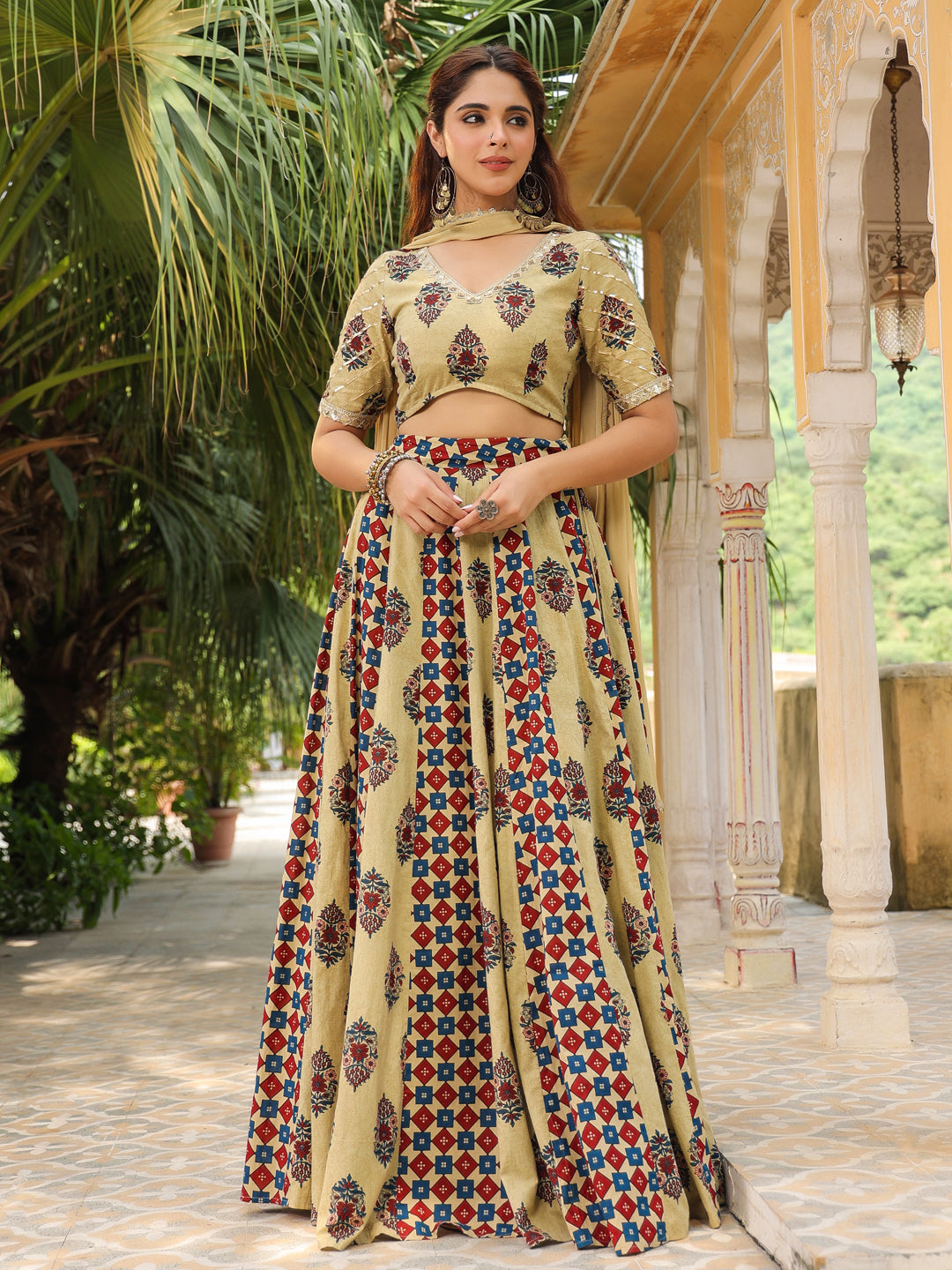 Janasya Beige Cambric Ethnic Motifs Lehenga Choli Dupatta | Swadesiicart
