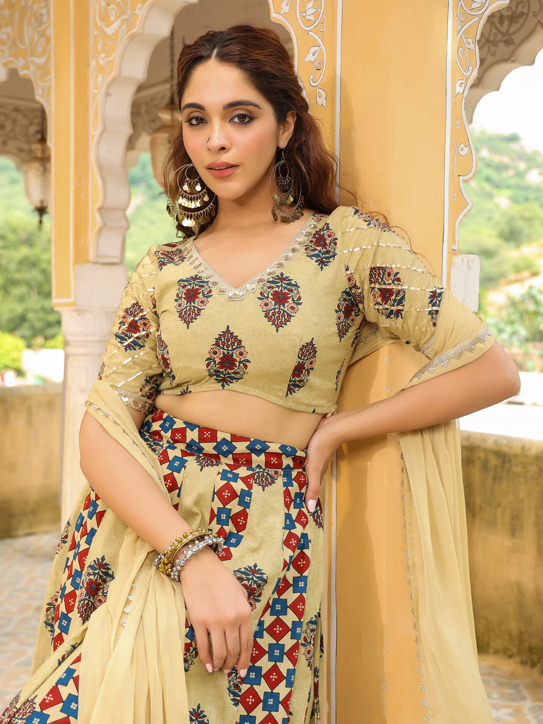 Janasya Beige Cambric Ethnic Motifs Lehenga Choli Dupatta | Swadesiicart