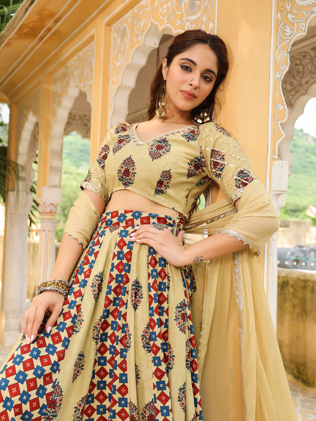 Janasya Beige Cambric Ethnic Motifs Lehenga Choli Dupatta | Swadesiicart