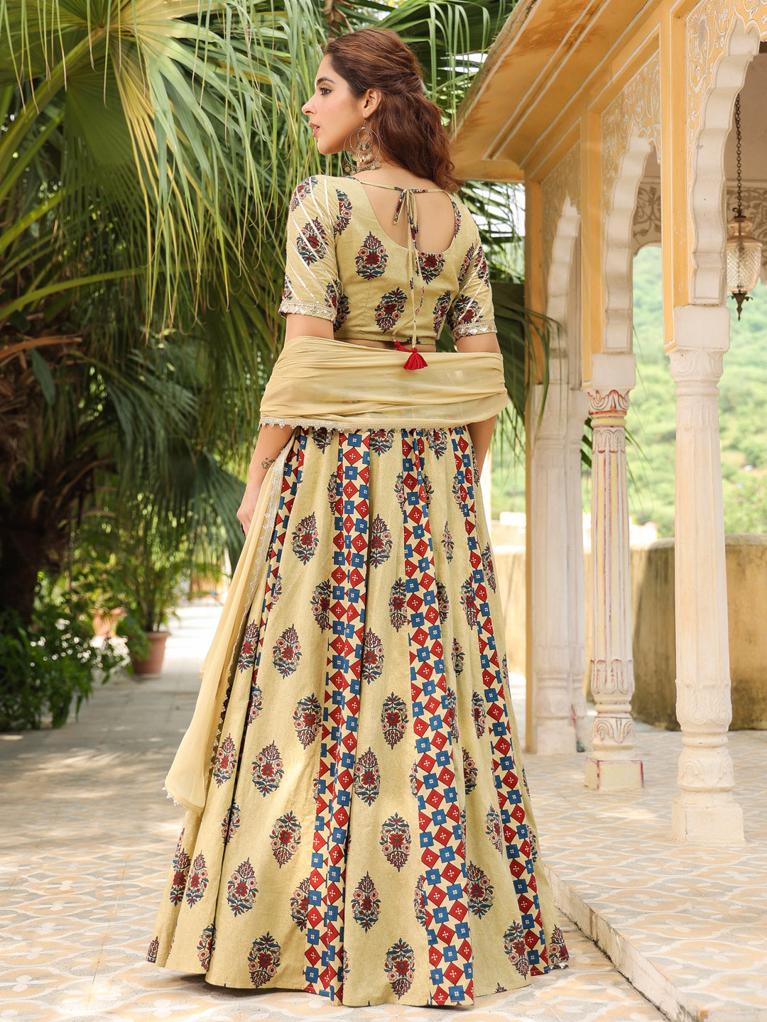Janasya Beige Cambric Ethnic Motifs Lehenga Choli Dupatta | Swadesiicart