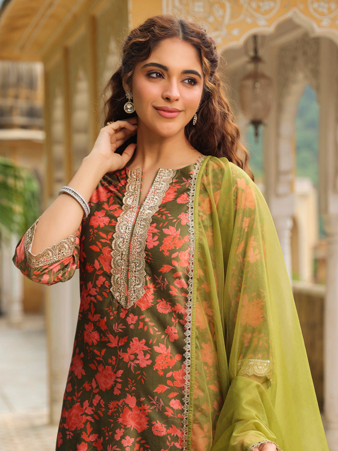 Janasya Olive Velvet Floral Set | Swadesiicart