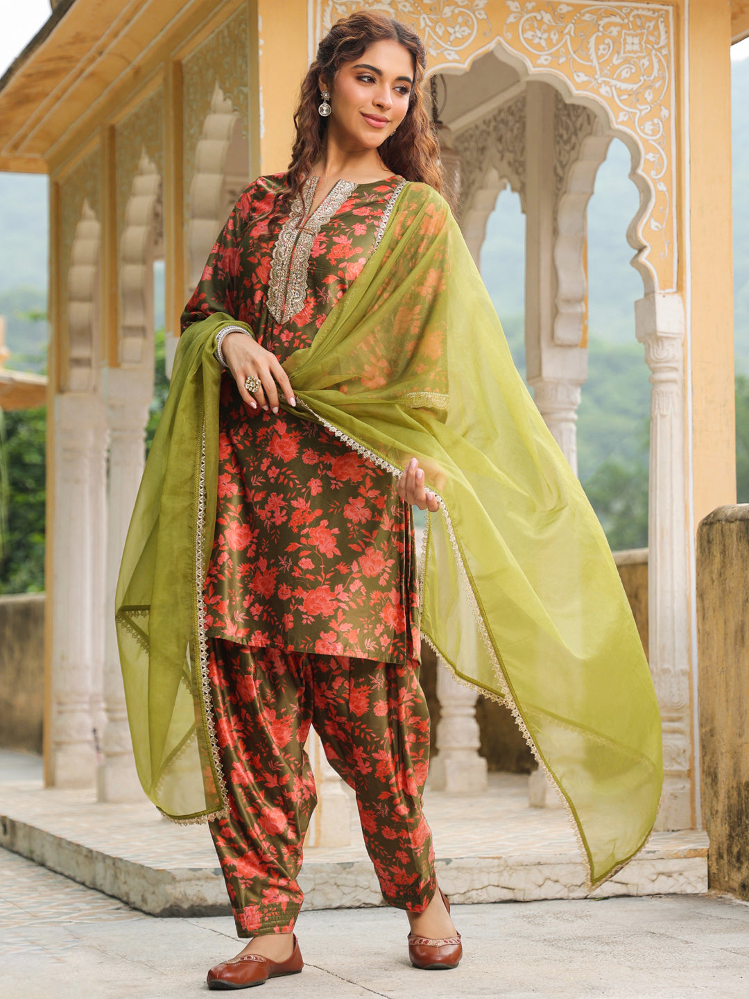 Janasya Olive Velvet Floral Set | Swadesiicart