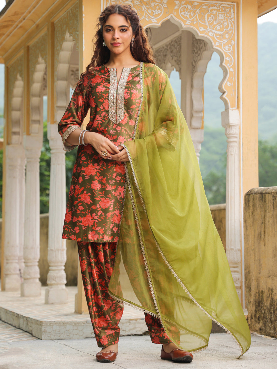 Janasya Olive Velvet Floral Set | Swadesiicart