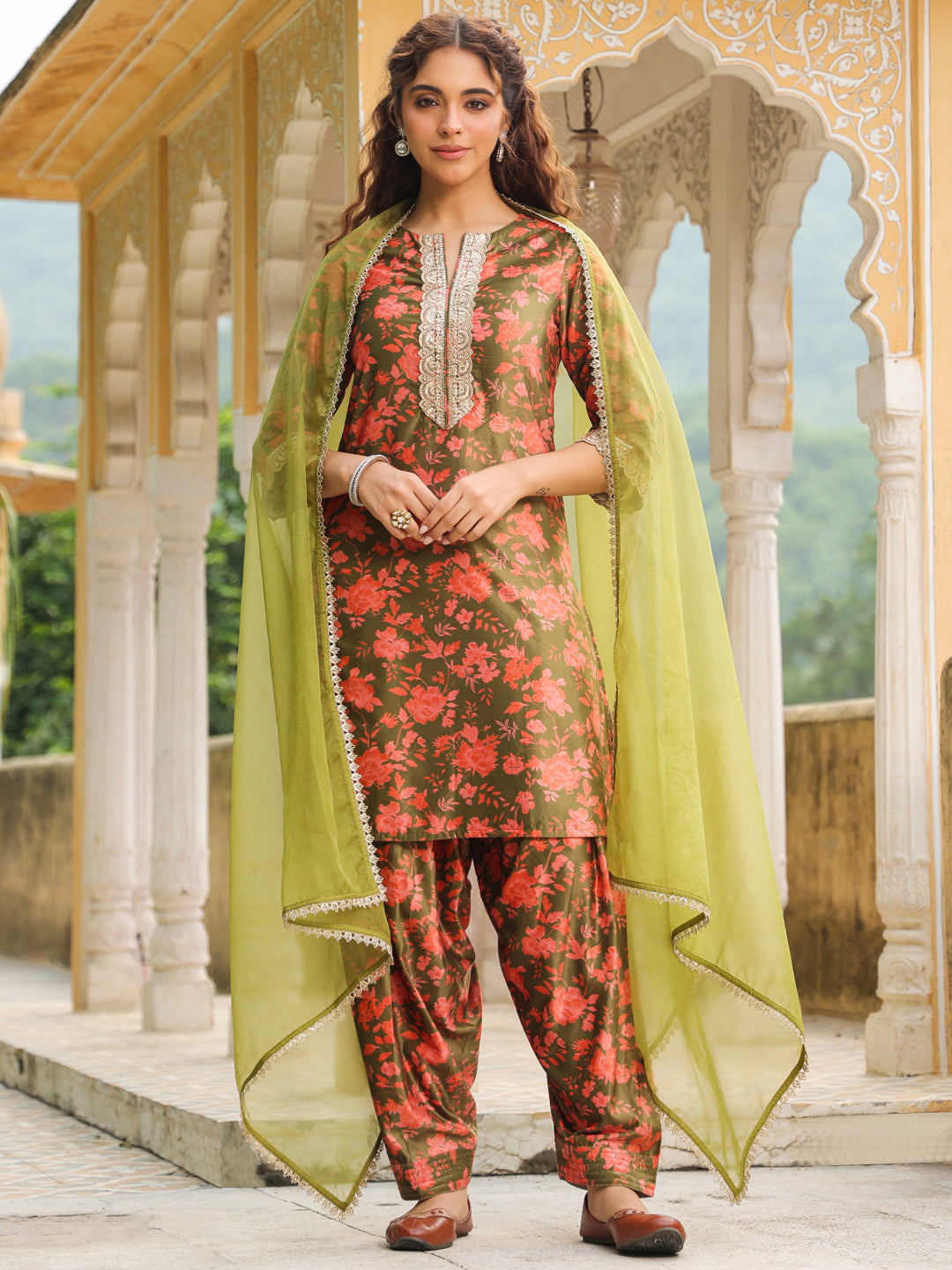 Janasya Olive Velvet Floral Set | Swadesiicart