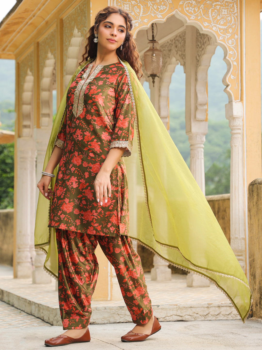 Janasya Olive Velvet Floral Set | Swadesiicart